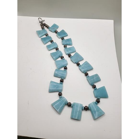 Amazonite Statement Necklace Silver Tone Beads Toggle Clasp 23" Artisan - Picture 2 of 12